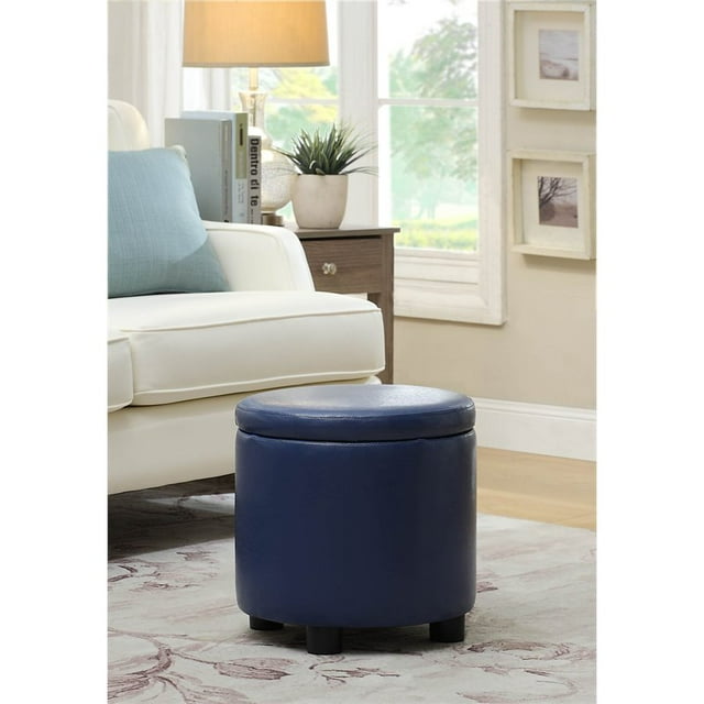 Designs4Comfort Round Accent Storage Ottoman in Blue Faux Leather Fabric