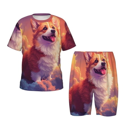 Luyuia Sunset Cloud Corgi Print Girls  2-Piece Tie-Dye Pajama Set  Cute Summer Loungewear with Shirt and Tank Shorts Nightwear-4X-Large