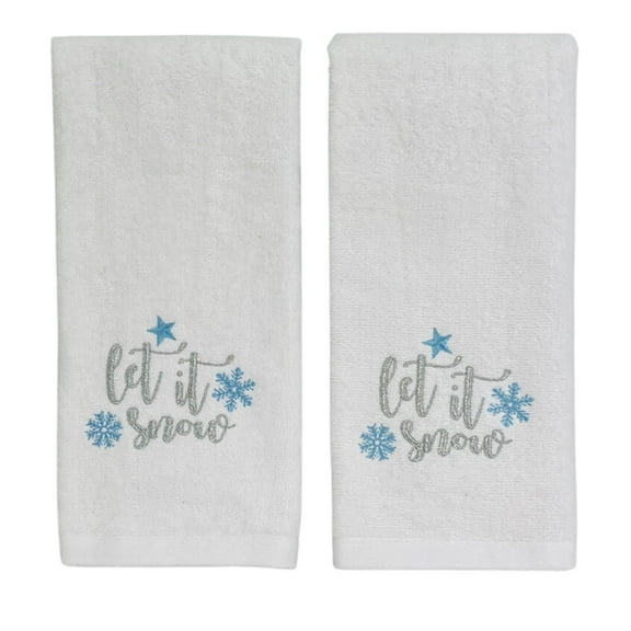 Serafina Home Christmas Guest Hand Towels: Beige Plush Terry Cotton Embroidered Blue Snowflake on White