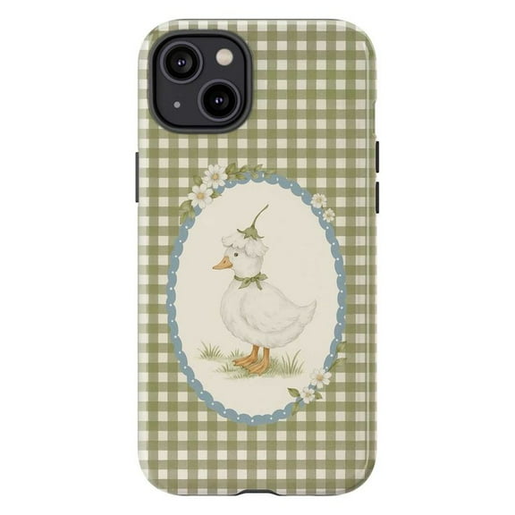 Vintage Duck iPhone Case for iPhone 16 15 14 13 12 11 Pro Max Mini – Cute Cottagecore Gingham Protective Phone Case with Farmhouse Duck & Floral Frame Design