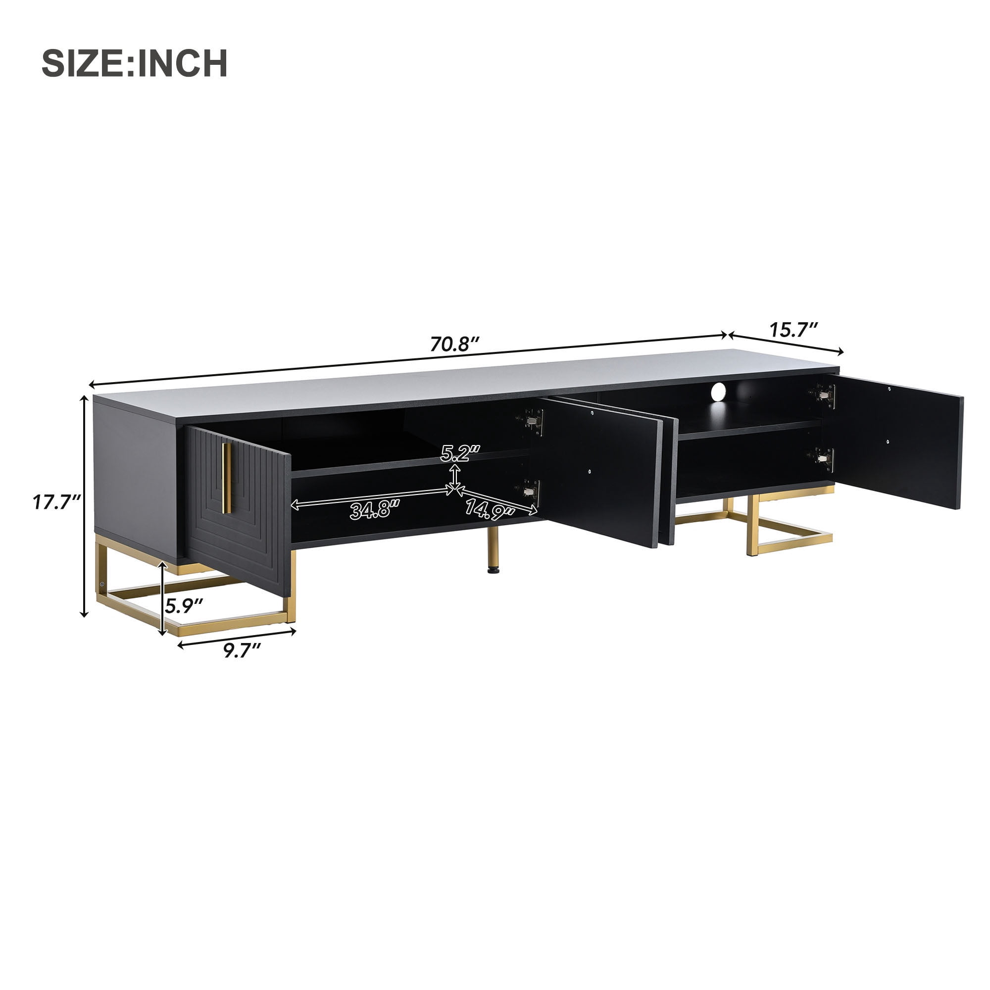 PORKISS TV Stand, Modern TV Console Table with Cabinets for TVs Up to 80”, Media Console Table with Doors and Shelves, Entertainment Center for Living Room, Black/Gold