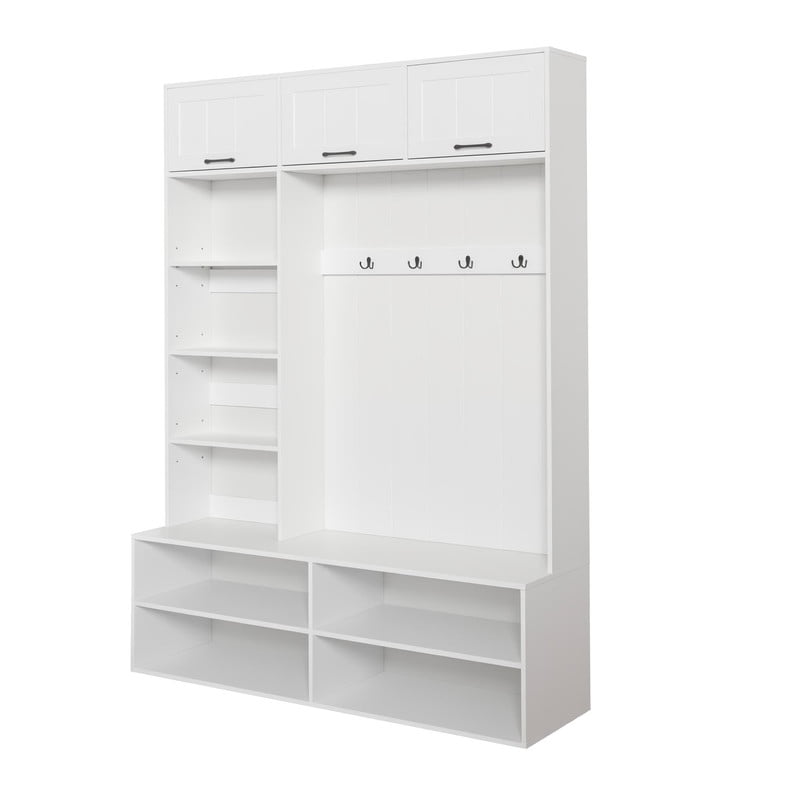 Farmhouse Hall Tree with Bench and Shoe Storage, 5-in-1 Entryway Bench with Coat Rack, Modern Entryway Storage Organizer Cabinet with 4 Hooks for Hallway, Entryway