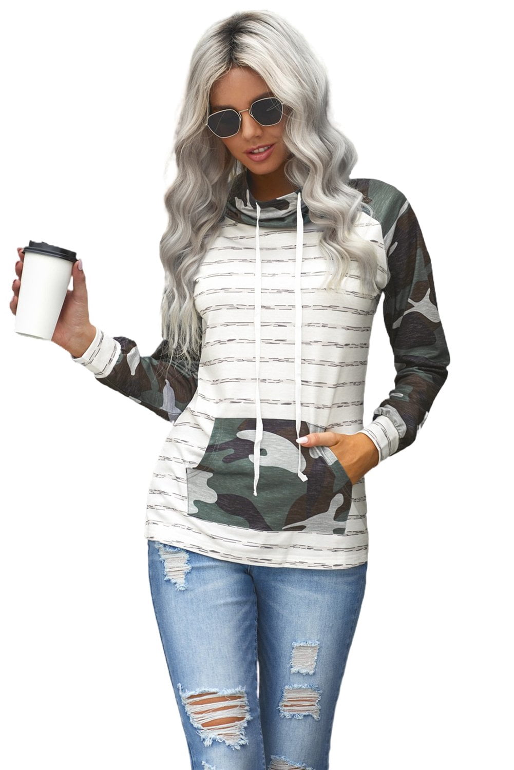 Women Cowl Neck Striped Camouflage 