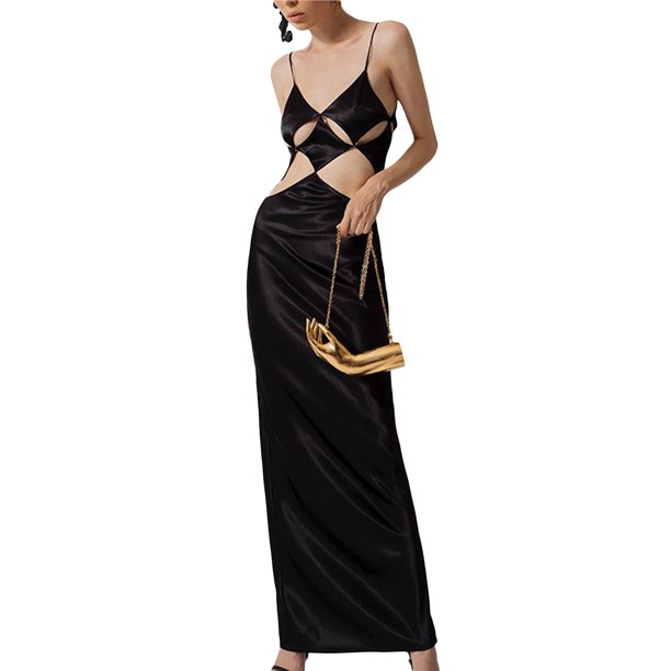 VISgogo Vestido largo con tirantes informales para mujer, vestido sin espalda con cuello en V hueco de Color sólido a la moda VISgogo moda