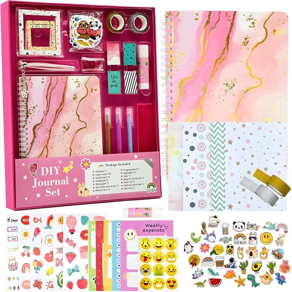 LQQBOX DIY Journal Kit, Journal Set for Teenage Girls and Scrapbook & Diary Supplies Set, Journaling Art Crafts Kit Teen Girl Birthday Gifts Ideas for 8-14 Years and Up - Pink