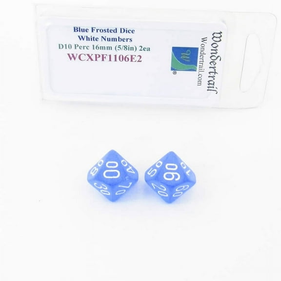 Blue Frosted Dice with White Numbers D10 Perc Aprox 16mm (5/8in) Pack of 2 Wondertrail