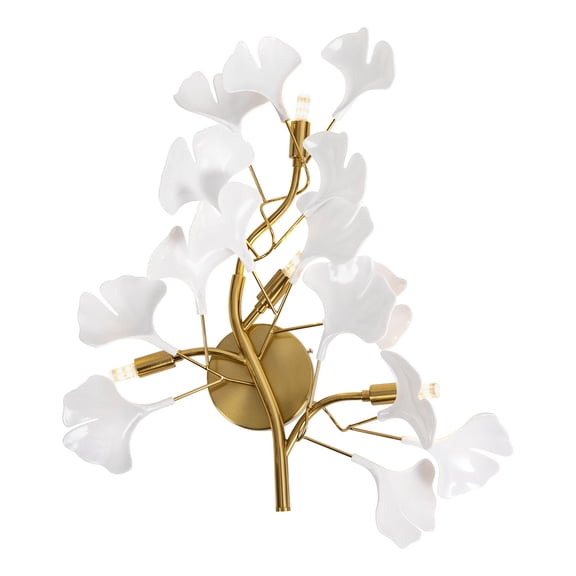 ToppiJoy 4-Light Modern Flower Shaped Wall Sconce, Gold Wall Light Fixture with White Ginkgo Biloba Accents for Bedroom, Hallway