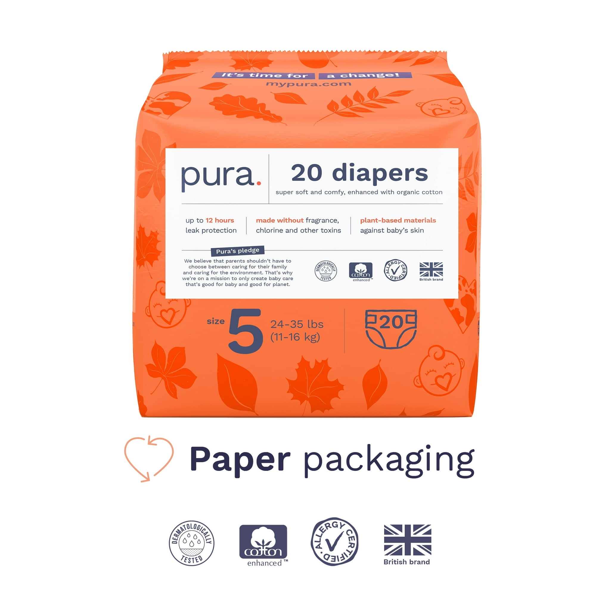 Pura Sensitive Soft Sustainable Baby Diapers Size 5, (20 Count)