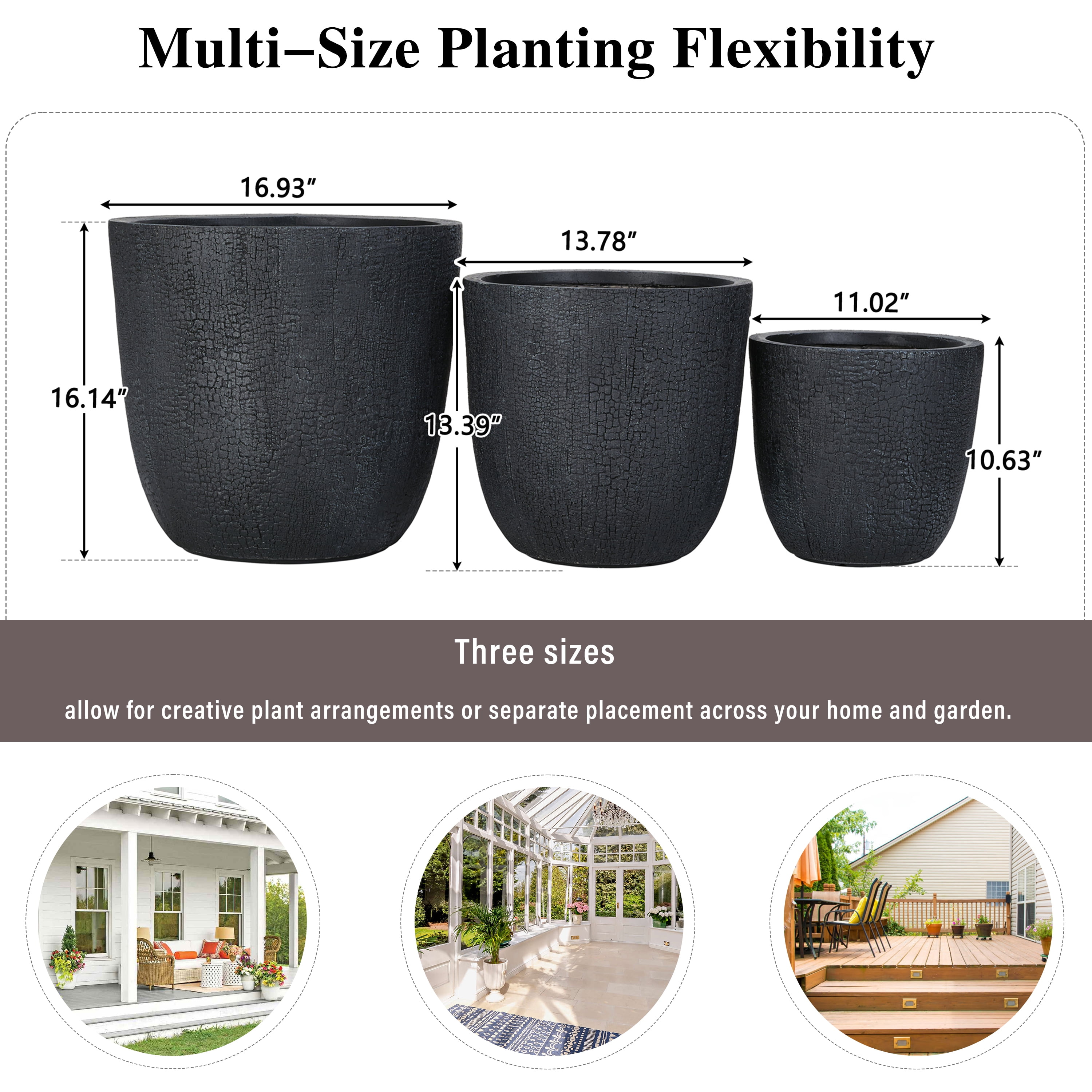 Euroco Large Concrete Planter Set of 3, 16.93"+13.78"+11.02" Dia Round Stackable Flower Pots with Drainage Holes and Rubber Plug,Modern Decorative Pots for Patio Garden Balcony Indoor Outdoor