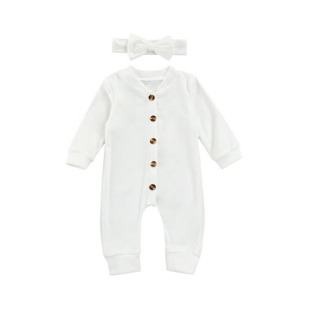 

Suanret Infant Baby Girls Boys Lovely Romper Headband 2Pcs Solid Long Sleeve Single Breasted Jumpsuits White 0-3 Months