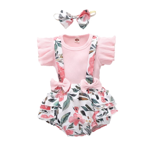 KVPLBQFD Baby Girls Summer Outfits Newborn Ruffle Short Sleeve Tops Floral Suspender Dress Shorts Sets with Bowknot Headband 0-12 Months Baby Girl Clothes