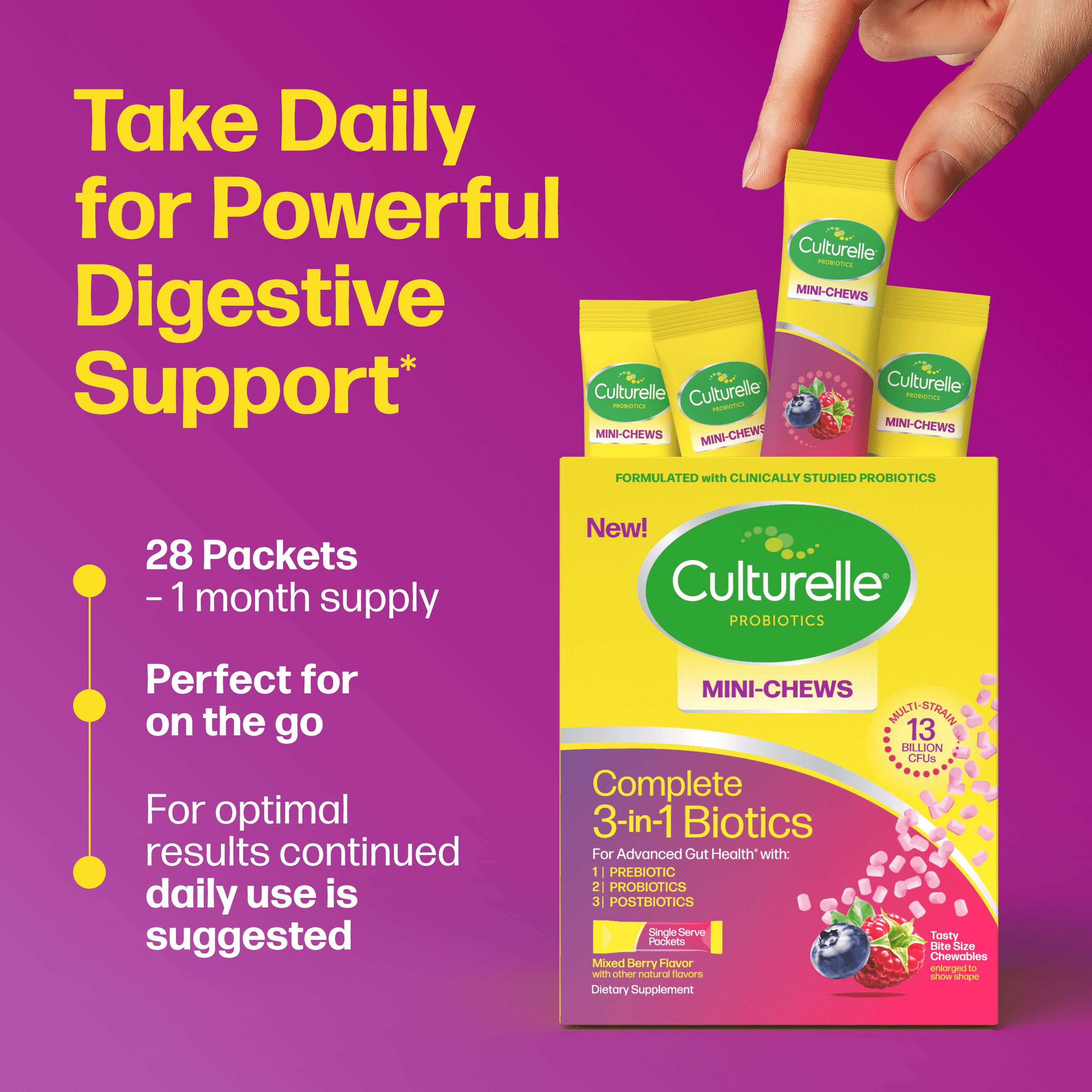 Culturelle Probiotics Complete 3-in-1 Biotics Mini Chews Daily Supplement, Supports Digestive Health with Prebiotics and Postbiotics for Gut Balance, Mixed Berry Flavor, 28 Count