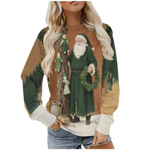 Women's 2025 Merry Christmas Sweatshirts Fleece Crewneck Sweaters Fashion Christmas Printed Long Sleeve Blouses Casual Loose Shirts Xmas Holiday Pullover Tops