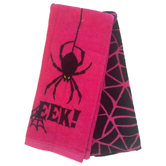 Halloween Black & Pink Spider with Web Kitchen Towel Set, 2 Terry Dish Towels