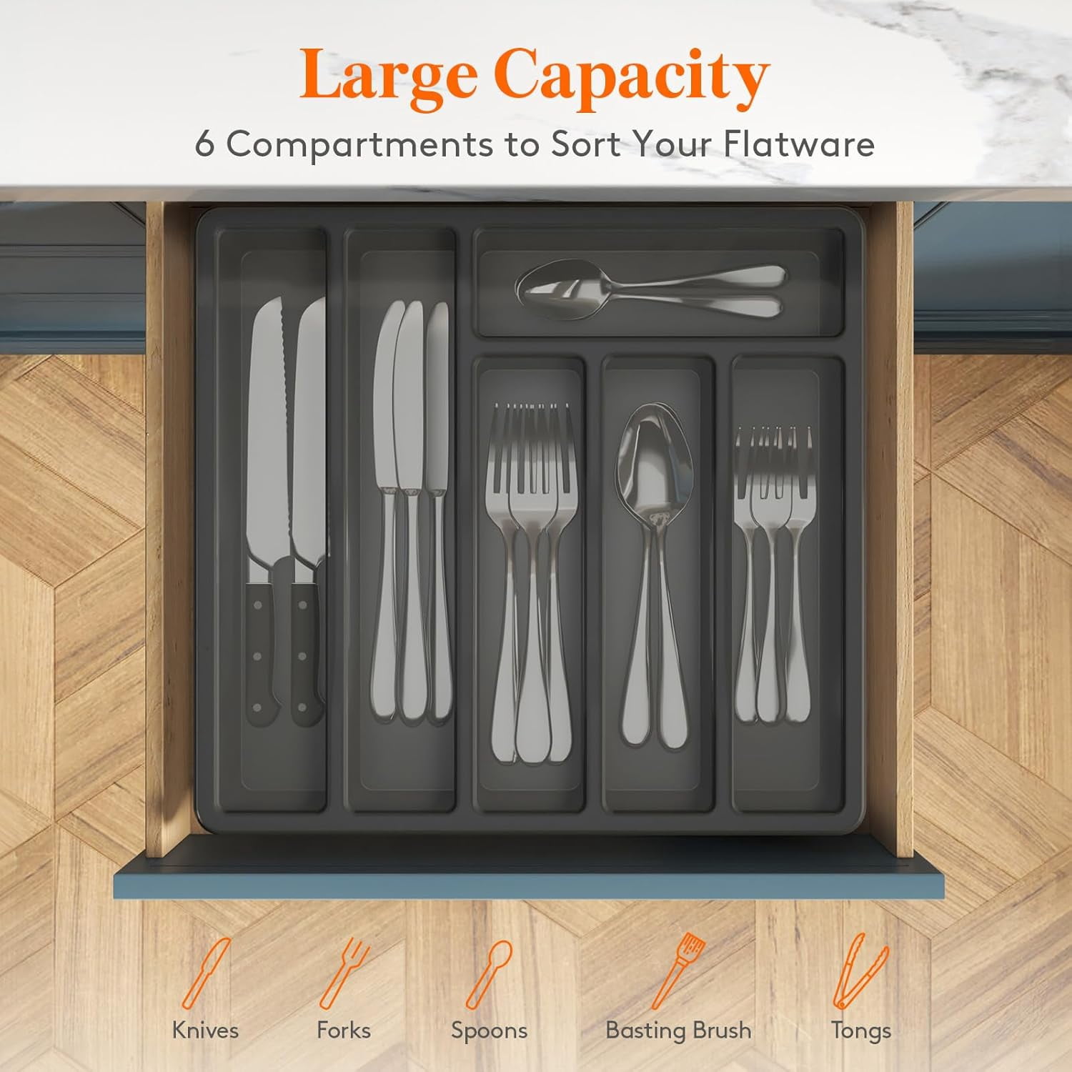 Silverware Organizer with Lid, Covered Utensil Tray for Kitchen Drawer and Countertop, Plastic Cutlery Flatware Storage Box Spoons Forks Knives Holder Case, 12.6x11.8, Black