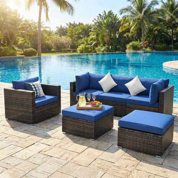 Topcobe 6 Pcs Patio Rattan Furniture Set with Sectional Cushion, Outdoor Furniture, Blue