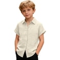 thumbnail image 5 of dazeni Summer Linen Shirts Girls Button Down Shirt Short Sleeve Blouse for Collared Lightweight Breathable Lapel Tops Beige 110, 5 of 8