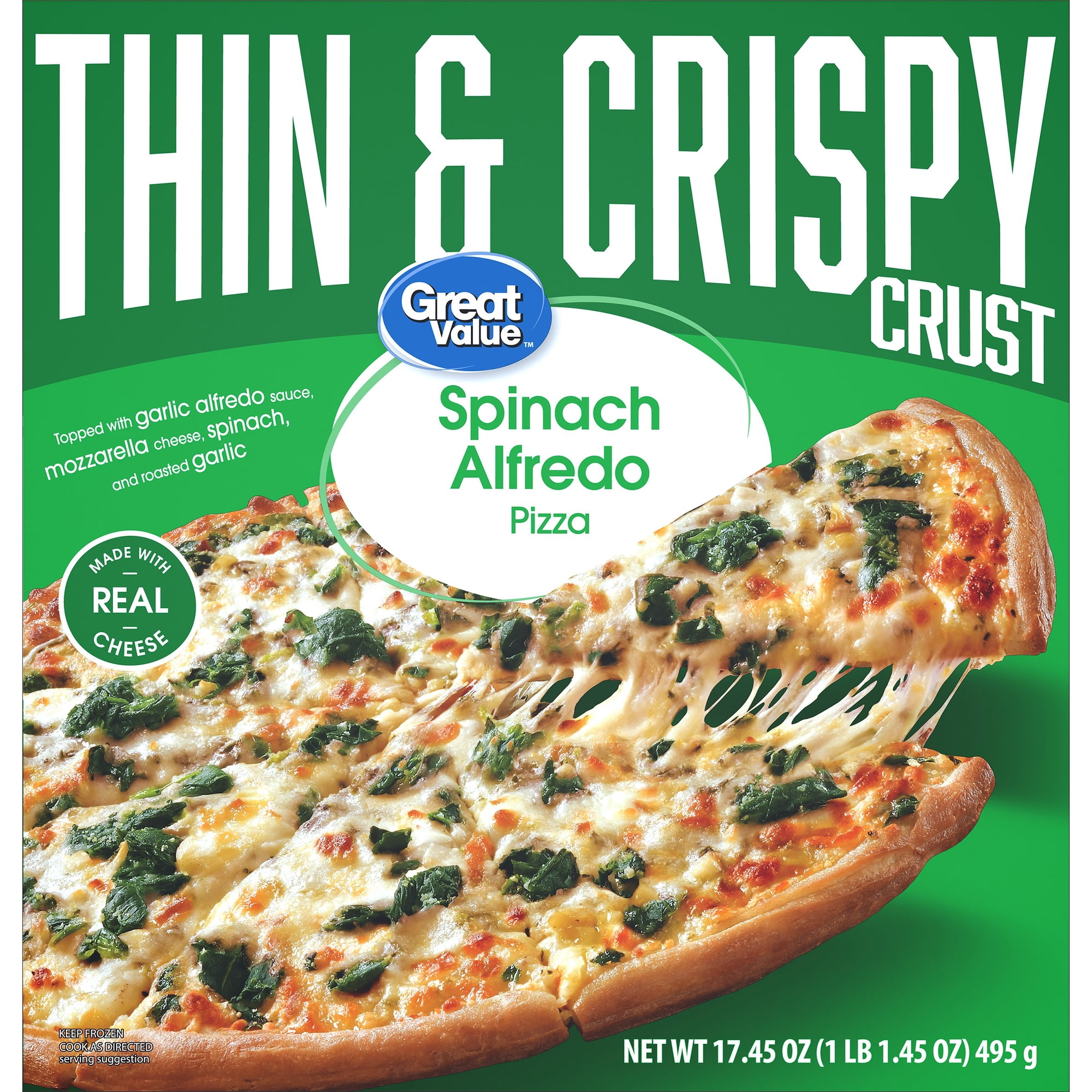 Great Value Thin and Crispy Crust Spinach Alfredo Pizza, 17.45 oz (Frozen)