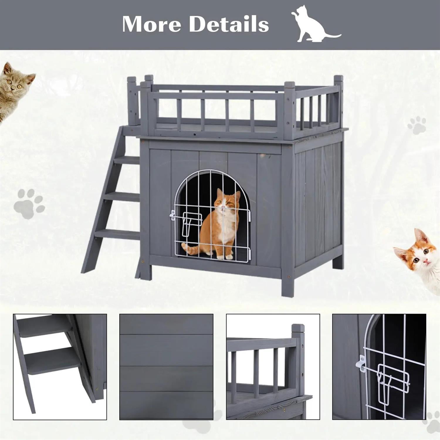 Pefilos Outdoor Weatherproof Cat House with Lockable Wire Door and Balcony, 2-Level Outside Shelter for Cats and Small Animals, Gray