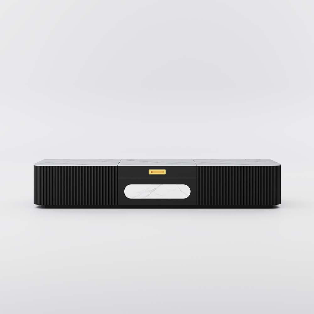 POVISON 62"Modern TV Stand for Projector, Sintered Stone TV Cabinet with Drawers for Home Theater, Oak Veneer MDF, Black & White Media Console