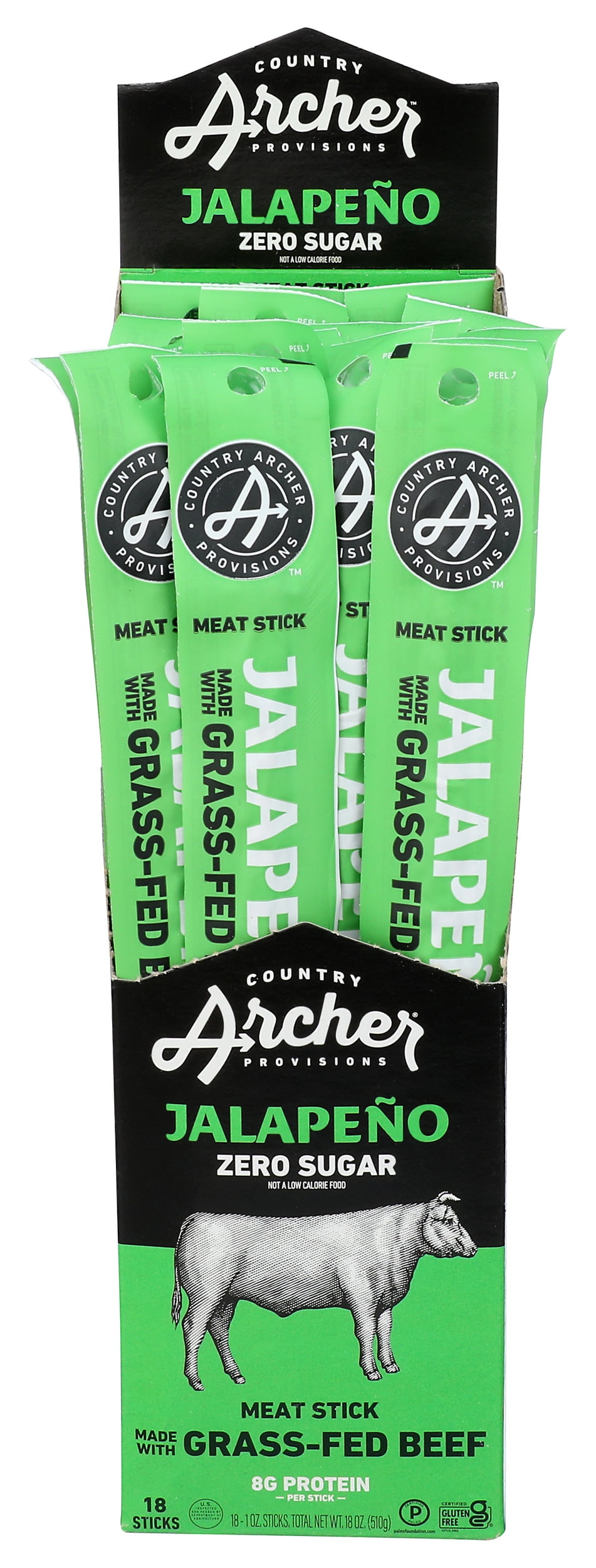 Pack of 18, Country Archer Jalapeño Grass-Fed Beef Stick, 1 oz
