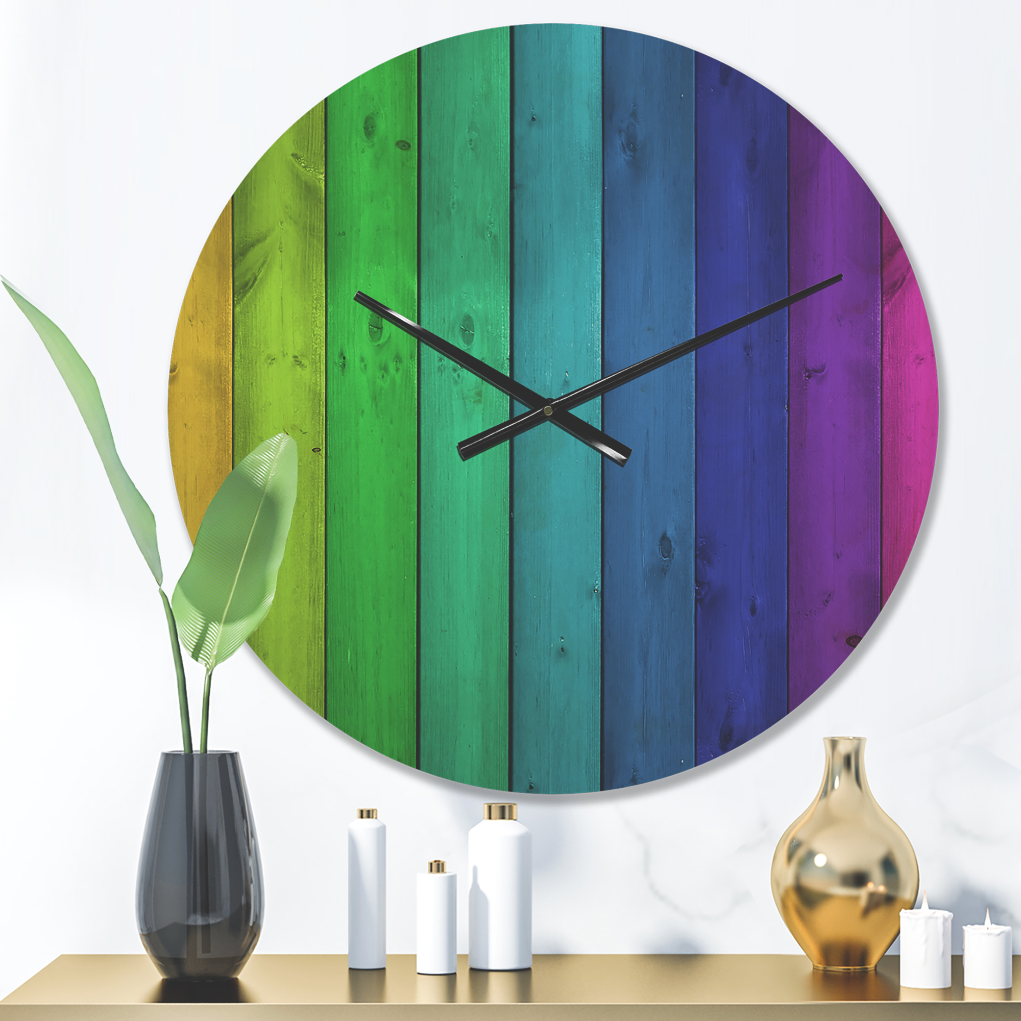 Designart 'Rainbow Colors On Wooden Planks' Modern Wood Wall Clock