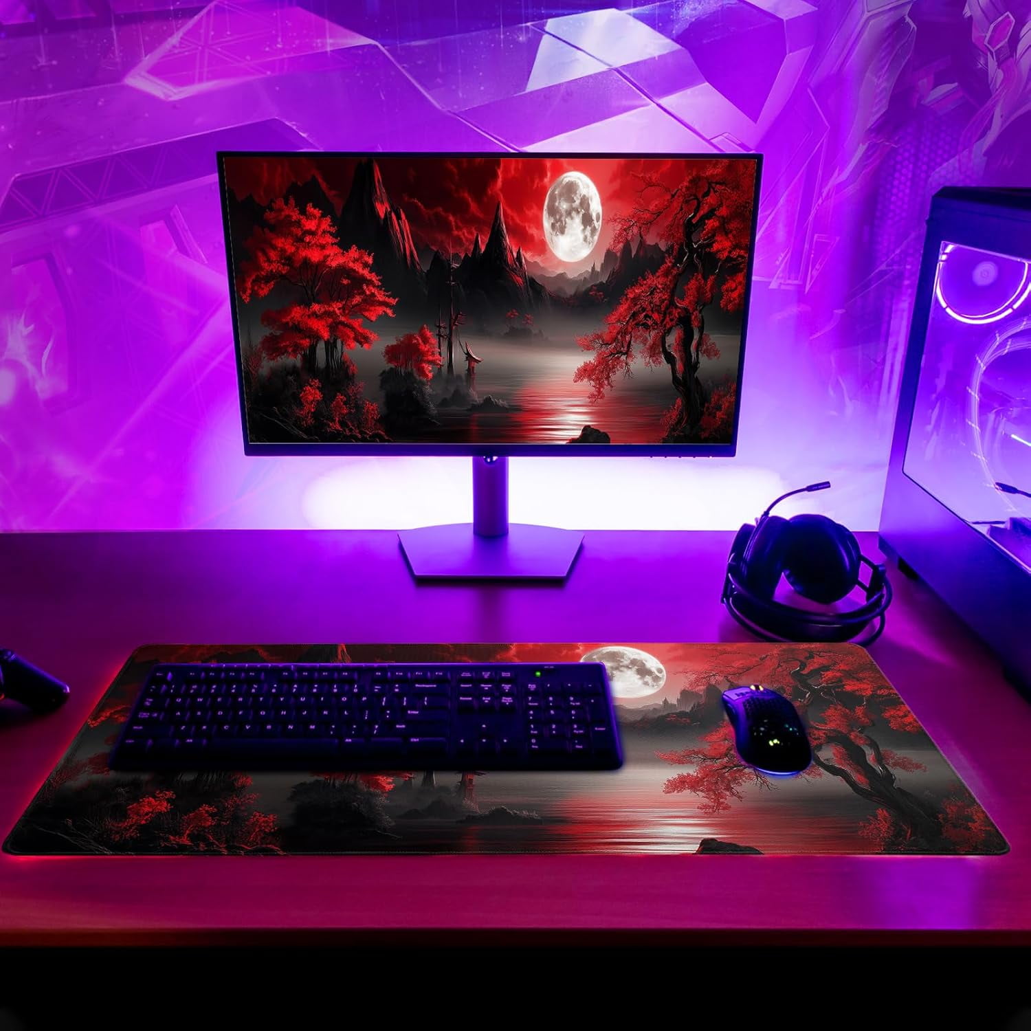 Darkness Red Moon Desk Mat - Large Gaming Mouse Pad, Non-Slip Computer Mat - for Teenagers, Boyfriends & Girlfriends - Perfect for E-Sports, Office & Gaming - Ideal Gift for Gamers