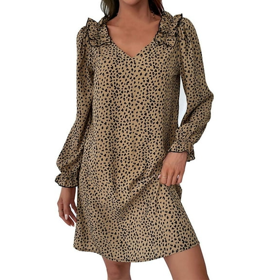 Women Long Sleeve V Neck Ruffle Leopard Print Mini Dress Casual Loose Shift Tunic Dresses Fashion Elegant Boho Leopard Dress