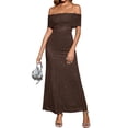 thumbnail image 1 of Vestido largo KUTUMAI con hombros descubiertos, malla fruncida, lentejuelas marrones, L, 1 of 5