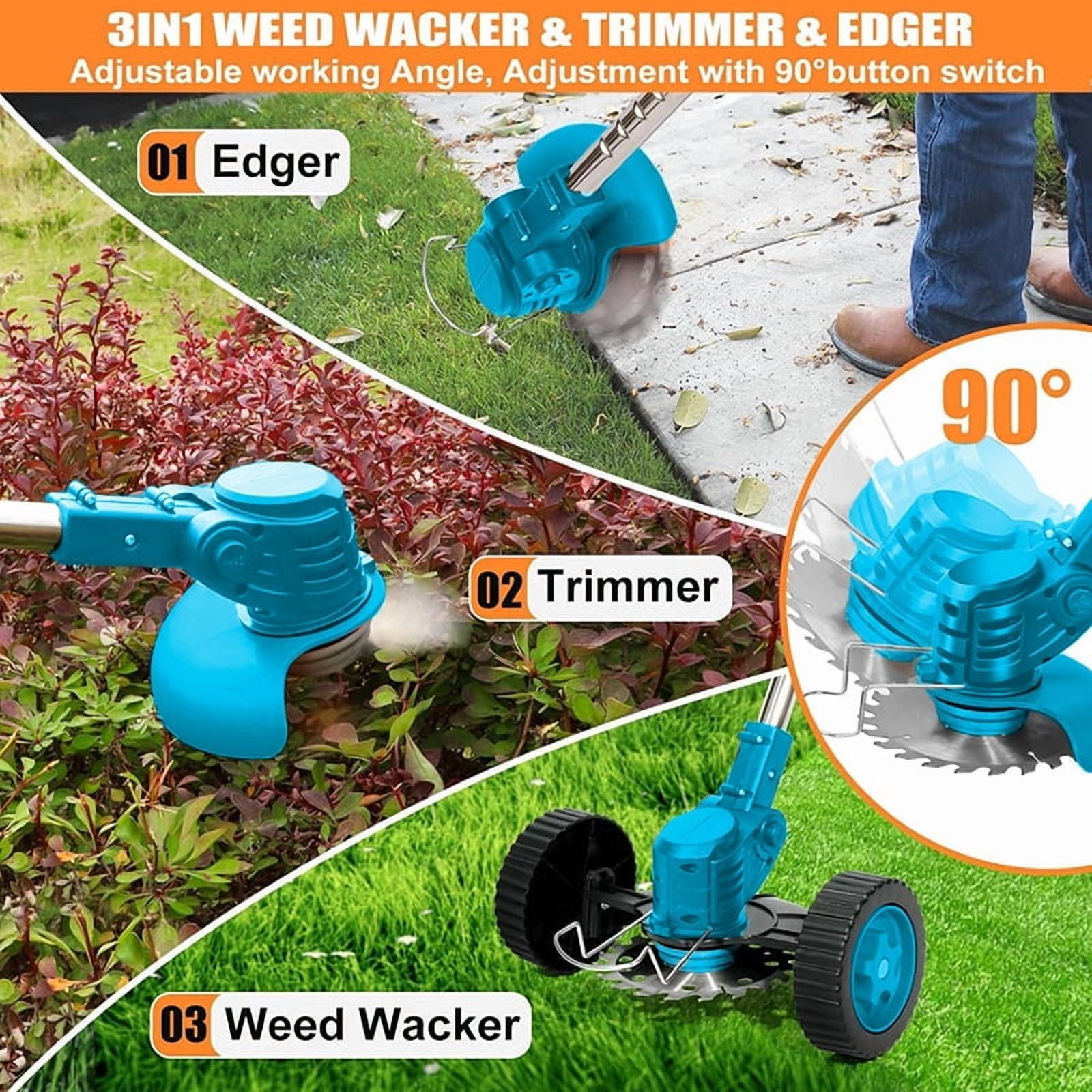 Weed Wacker Cordless Adjustable Weed Eaters wheel mower3 in 1 Electric String Trimmer Lawn with Two Battery with Charger Comes with Multiple Blades for Yard,Green,Garden gifts for Dad