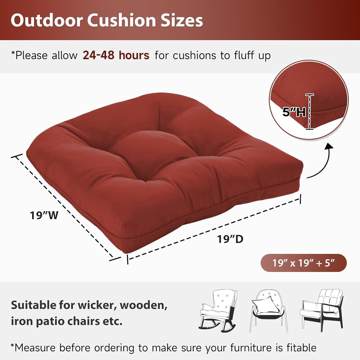 19x19 Outdoor Chair Cushions Set of 4, Tufted Wicker Patio Furniture Cushions, Thick Outdoor Seat Cushions for Lawn Chairs, Overstuffed and Water Resistant, Brick Red