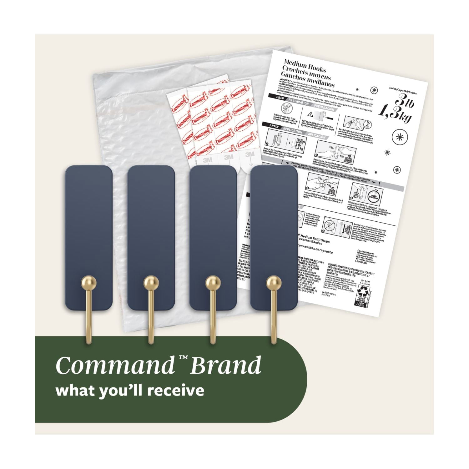 Command Medium Hooks, Juniper Berry, Holds 3 lbs, 4 Hooks, 6 Adhesive Strips