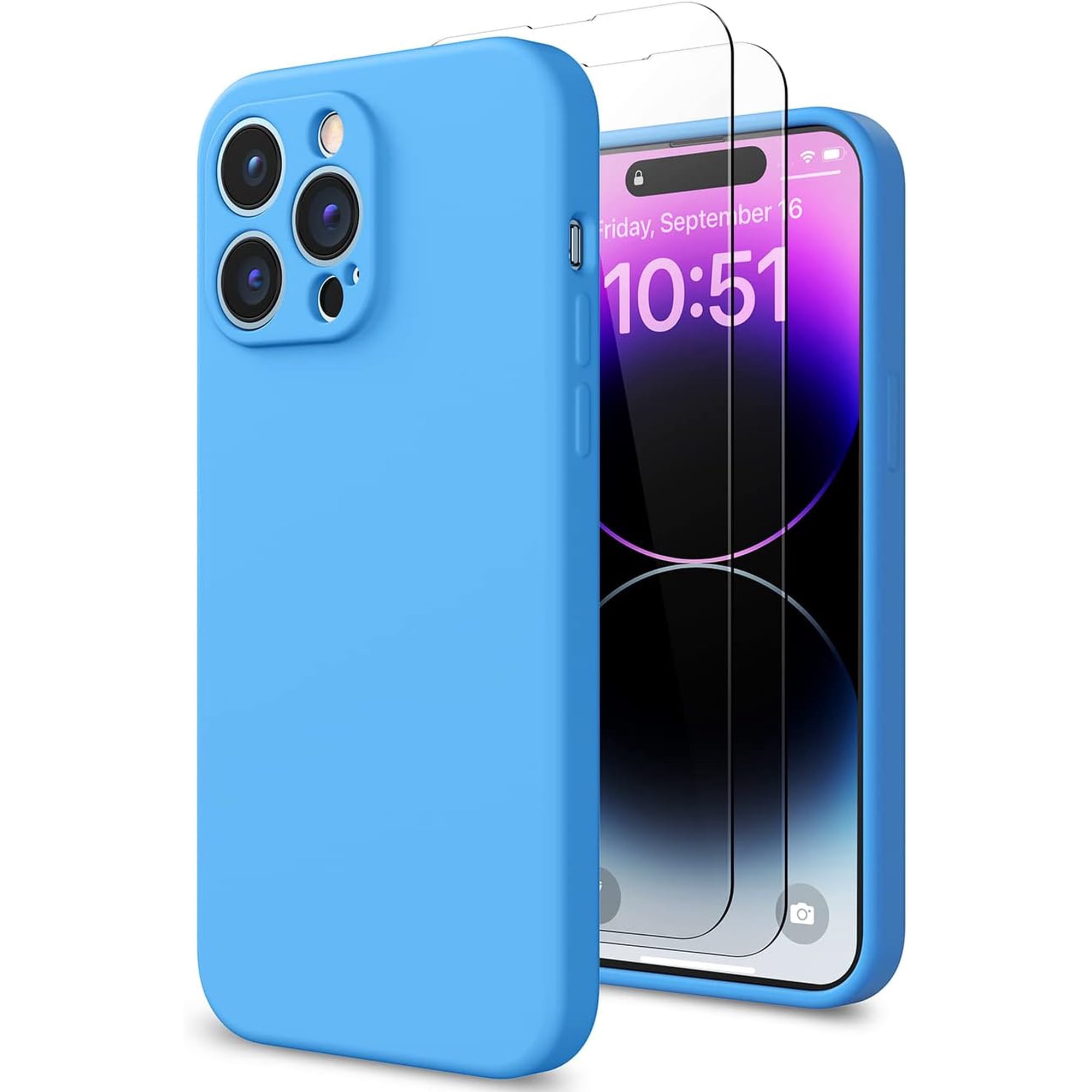 [3 in 1 for iPhone 14 Pro Max Case, Liquid Silicone Case with Camera Cover + 2 Screen Protector, Slim Full Protective bumper Phone Case with [Soft Anti-Scratch Microfiber Lining], Blue