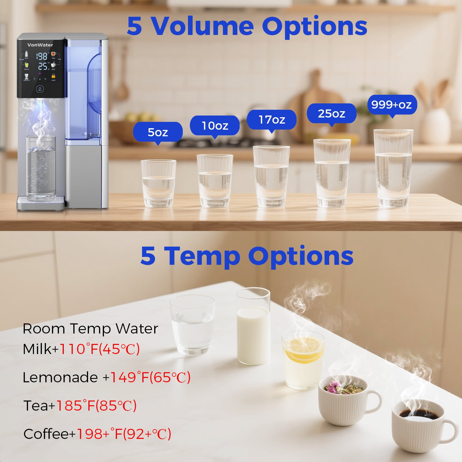 VonWater CT910GH Reverse Osmosis Water Filter Countertop, 3S Instant Hot RO Water Filtration System, 7-Stage Water Purifier Removable Pitcher, NSF/ANSI 372, Reduce TDS PFAS, No Installation