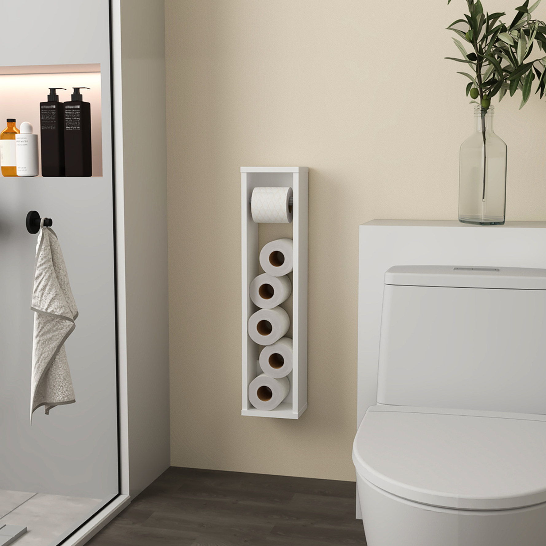 White Engineered Wood - Easy Roll Access with Rod - Compact Bathroom - Long - lasting Toilet Paper Storage