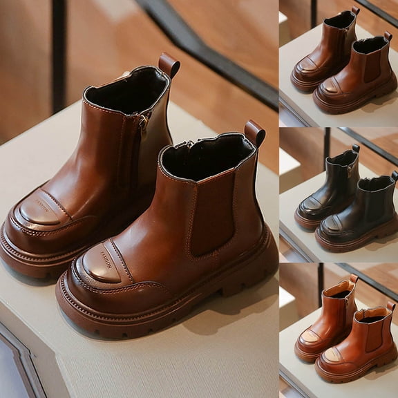 Lovzfmll Boots for Boys Girls, Vintage Preppy British Style Leather Ankle Booties, Round Toe Chunky Heel Fleece Winter Shoes for Toddler 2.5-3 Years, Coffee