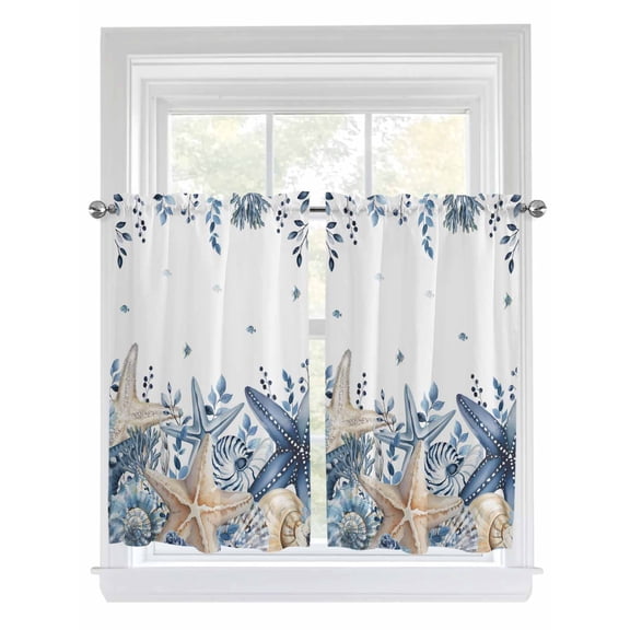Blue Starfish Coastal Bathroom Window Curtain, Eucalyptus Summer Nautical Shell Ocean Light Filtering Coffee Kitchen Curtains, Bedroom Living Room Curtains 2 Panel 84"x45"