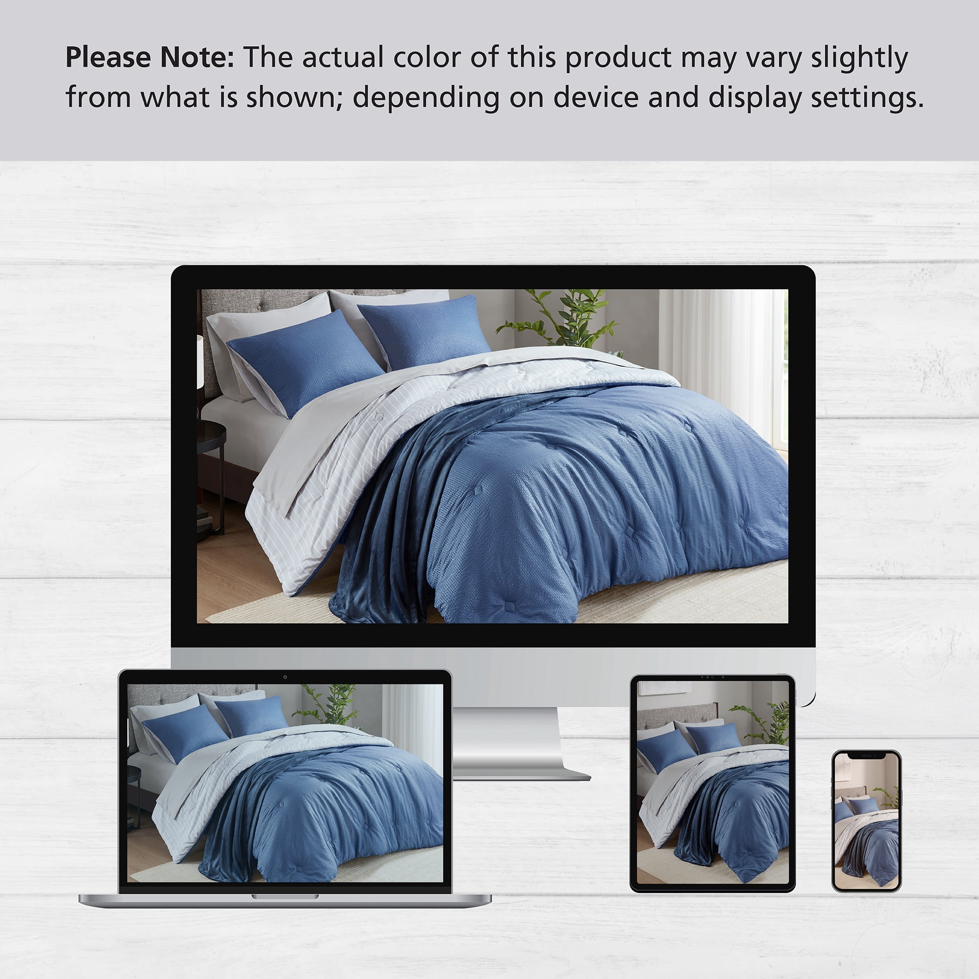 Mainstays 8-Piece Bed in a Bag Comforter Set with Sheets and Blanket, Indigo, King