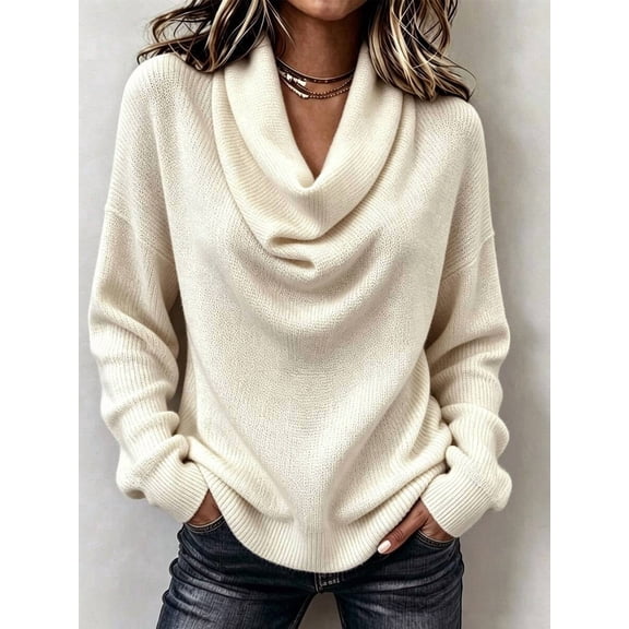 Women Cowl Neck Knit Sweater, Long Sleeve Loose Fit Solid Pullover, Casual Autumn Jumper for Daily Commute Holiday Home Wear