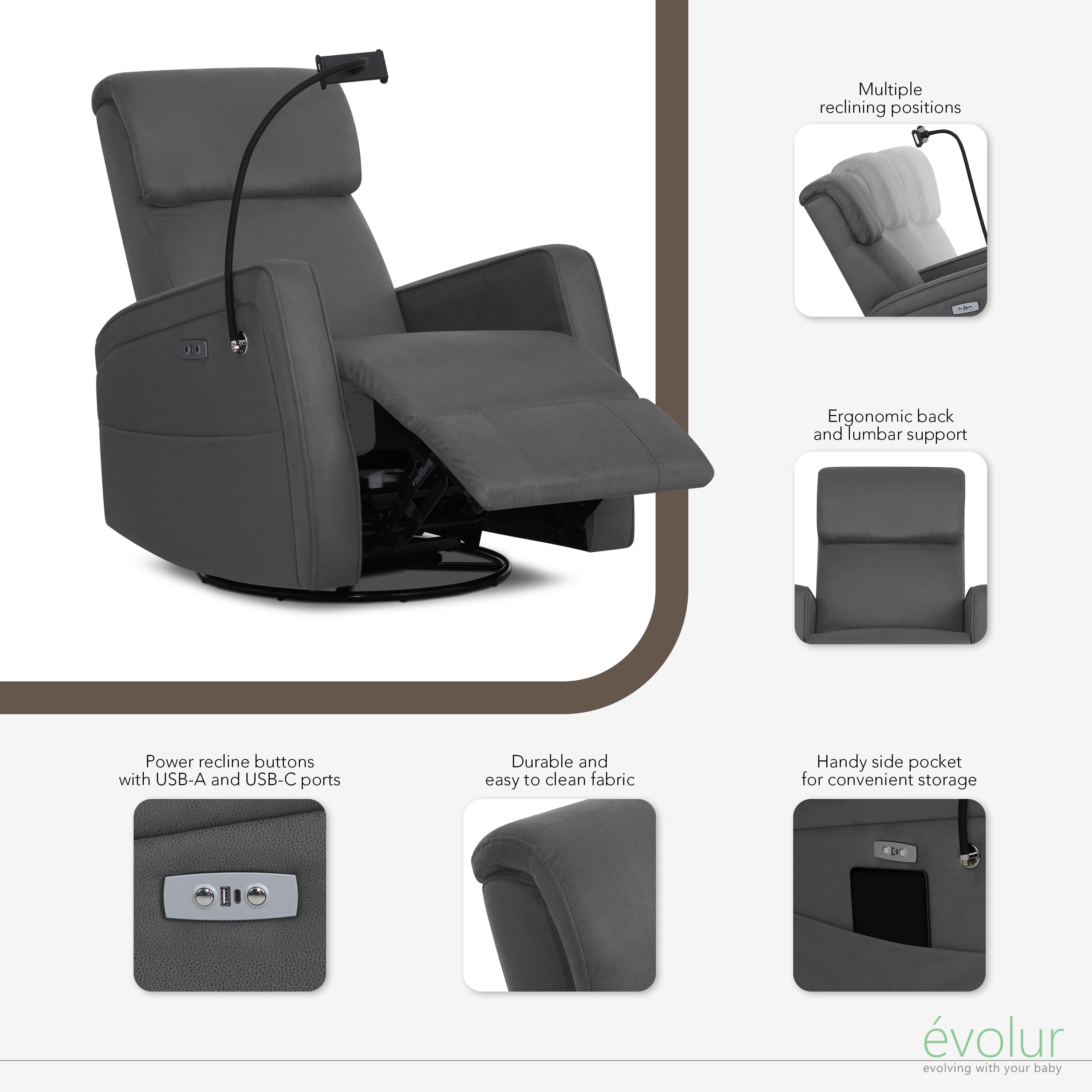 Evolur Maverick Power Recline Glider with Phone or Tablet Holder, Tempered Grey