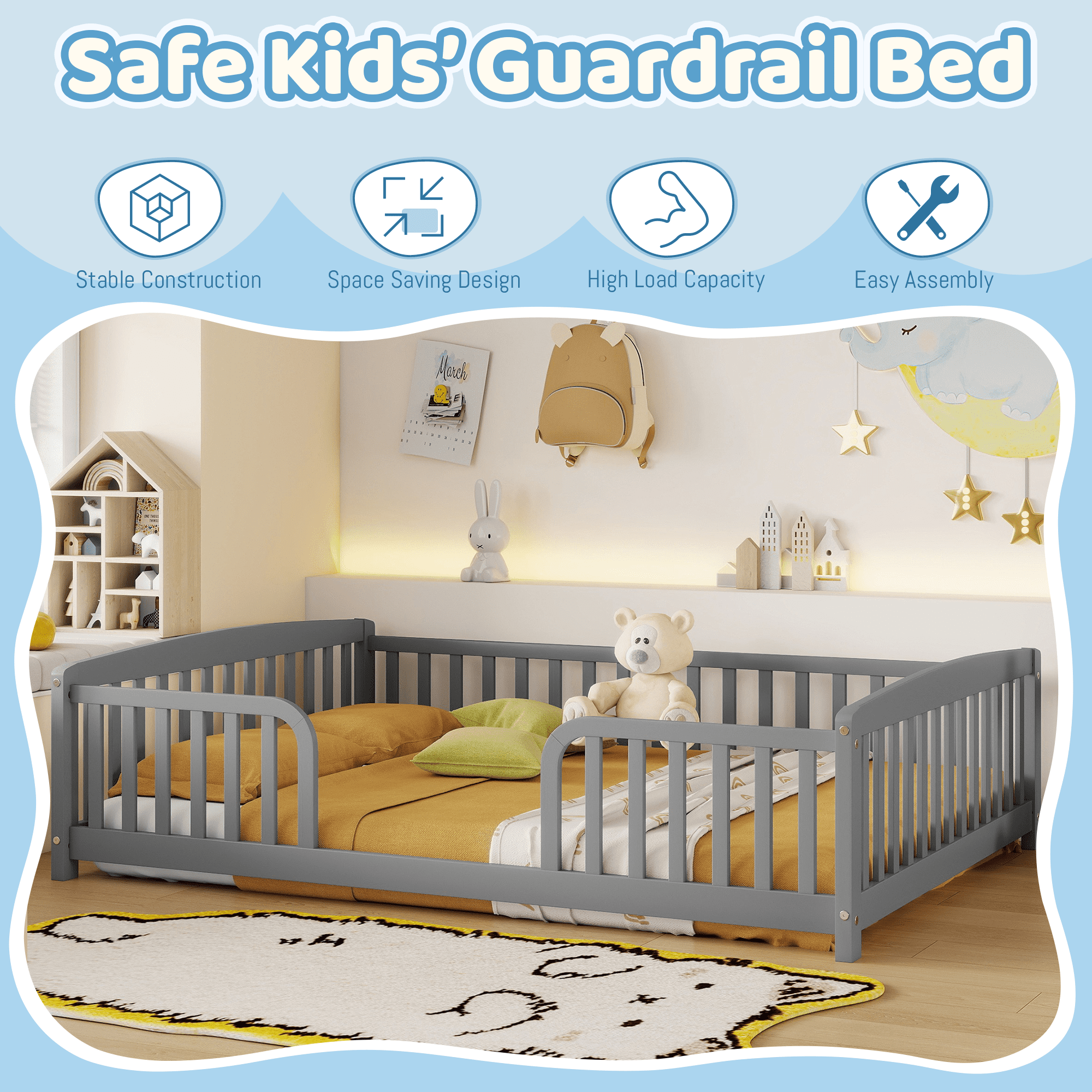 Jopath Full Size Floor Fence Bed with Central Entrance,Pine Wood Floor bed with Guardrails for Boys Girls Grey