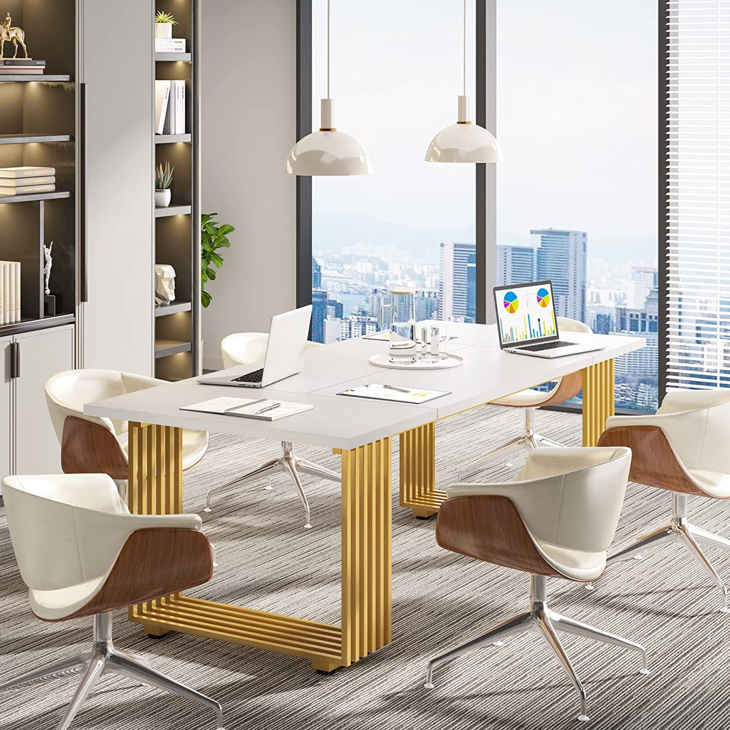 Finmind 70.9" Executive Office Desk, Modern Computer Desk with Gold Metal Legs, White