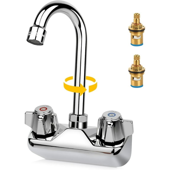 Leak-Free 4 Inch Center Commercial Hand Sink Tap w/ Ceramic Valve | Wall Mount Bar Kitchen Hand Wash Sink Tap w/ 3-1/2" Swivel Gooseneck Spout & Dual Knobs | Brass Constructed