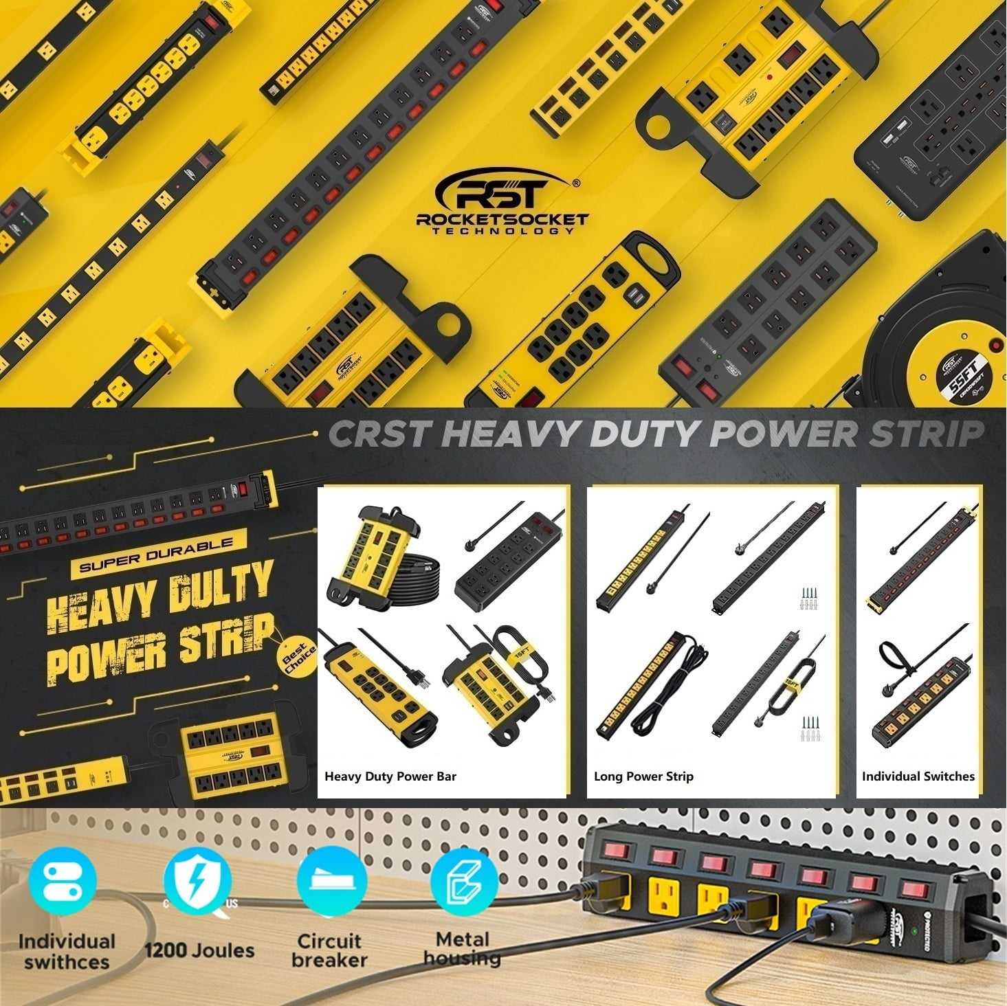 CRST Power Strip 6 Outlet Heavy Duty Surge Protector Individual Switch 6ft Extension Cord with Flat Plug, 15A Circuit Breaker