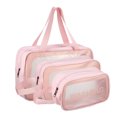 thumbnail image 1 of Ofertas Únicas 3 piezas de bolsa de maquillaje transparente portátil para mujeres para vacaciones, camping y viajes de cuero PU rosa, 1 of 4