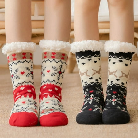 

Warkul Xmas - 1 Pair Floor Socks- Christmas Theme Stretchy Fuzzy Thickened Non-slip Silicone Cold Resistant Cozy Winter Thermal Women Indoor Home Slipper Sleeping Socks