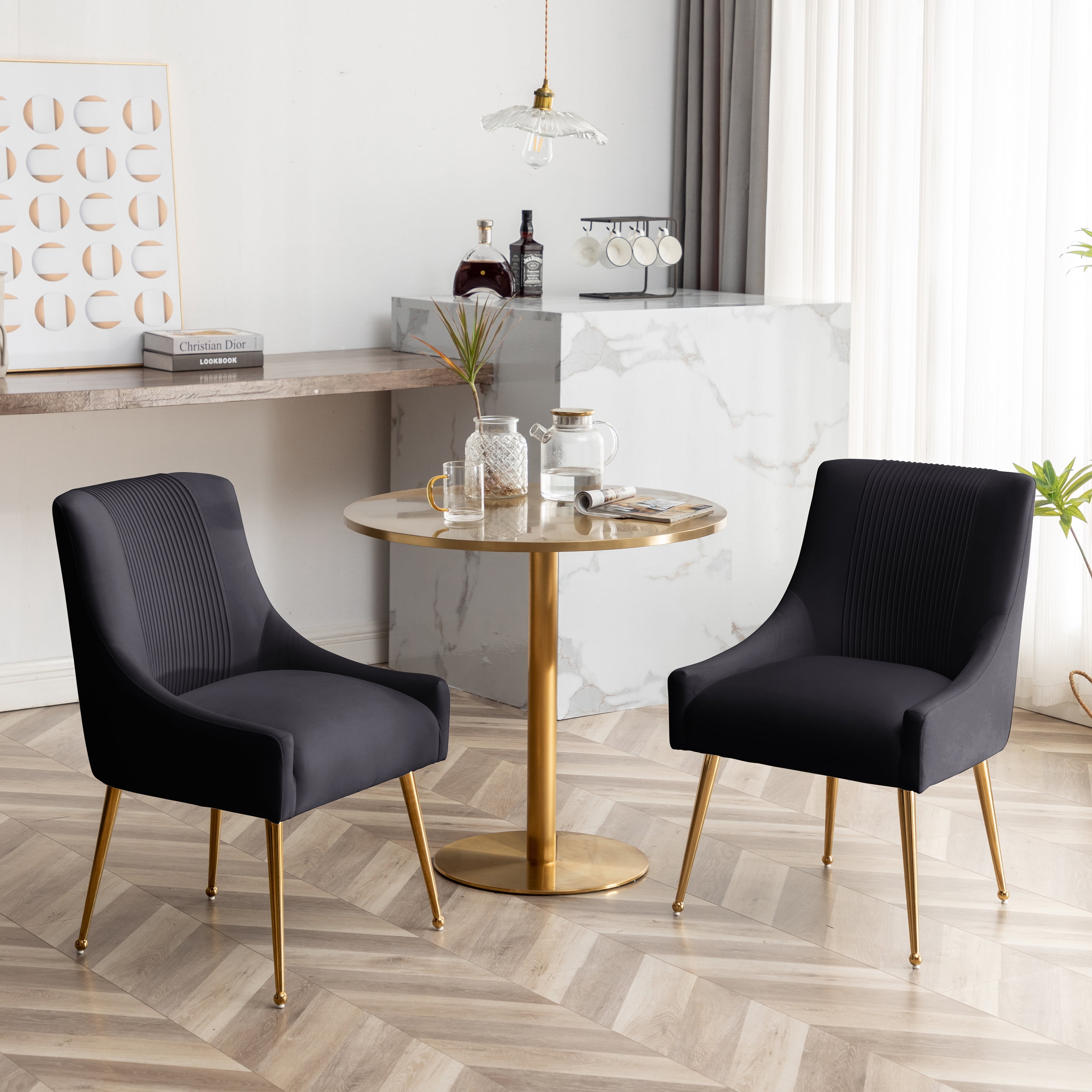 SEYNAR Modern Velvet Dining Chairs Pleated Vanity Chair Set of 4 with Glod Legs for Living Room,Black
