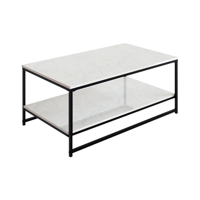 Opulent Modern Rectangular Coffee Table with Two White Marble Surfaces and Matte Black Metal Frame – Large 42.9" Living Room Center Table with Lower Storage Shelf