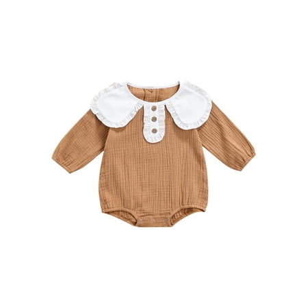 

Canrulo Autumn Baby Girls Cute Rompers Ruffles Collar Long Sleeve Solid Color Button Jumpsuits Clothes Khaki 0-6 Months