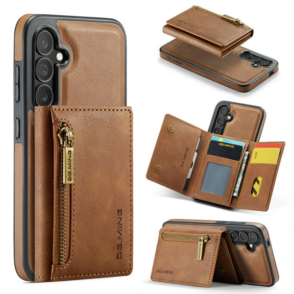 Dteck 2 in 1 Detachable Wallet Case for Samsung Galaxy S25 Plus Magnetic Leather Zipper Wallet with Card Holder RFID Blocking Case Shockproof Kickstand Cover,Brown